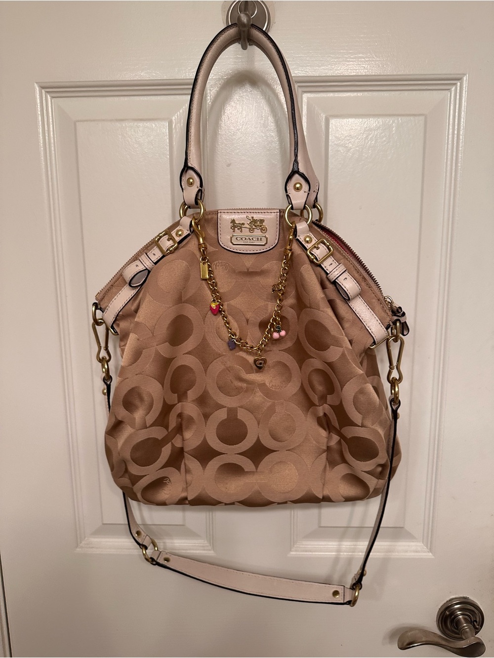 Coach Madison Op Art Tan Signature Shoulder Bag with Gold Hardware